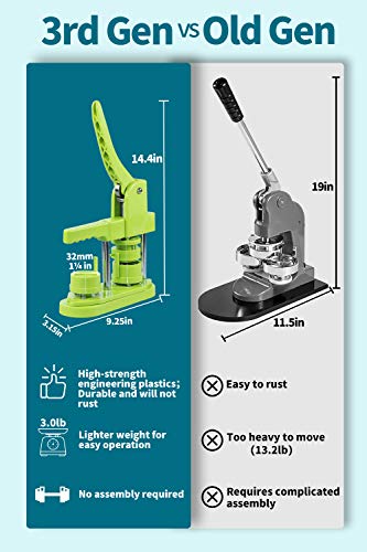 Button Maker Machine, (3rd Gen) Installation-Free 32mm(1.25 in) DIY Pin Button Maker Press Machine Kit, Badge Punch Press Machine with Free 500pcs Button Parts&Pictures&Circle Cutter