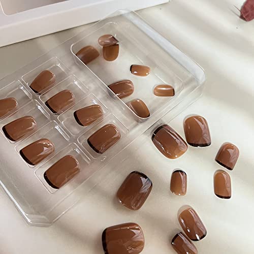 Brown Press On Nails Short Square Fake Nails Full Cover Glue On Nails Fall Acrylic Nails French Tip Acrylic Nails Autumn False Nails Nail Decorations For Women Girls #TOP4
