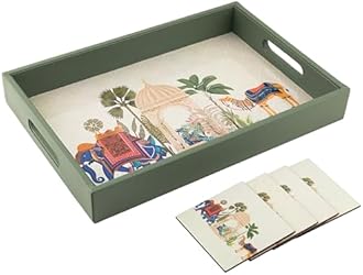 Birch & Co. Wooden Tray for Serving-Free 4 Coasters-10 Inch X 15 Inch-Serving Tray-Tray Set for Decoration-Tea Trays-Big Coffee Tray-Premium MDF Trey-Wooden Serving Trays-Resin Tray,Rectangular