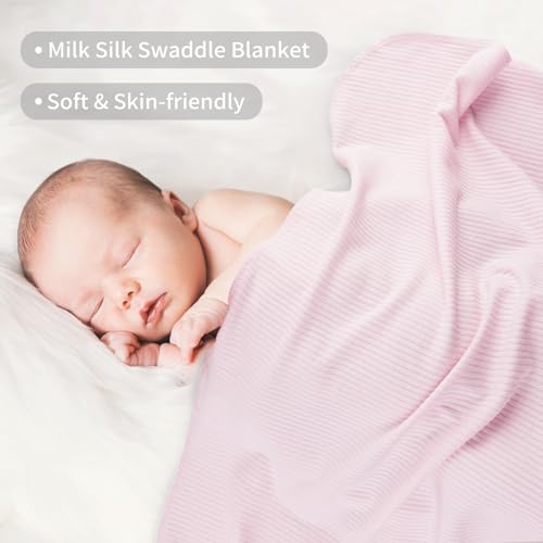 Image of Viviland Jersey Swaddle Blanket, Ultra Soft Stretchy Receiving Blanket, Baby Girl Newborn Rainbow Swaddle Wrap, 40 x 30 inches, 2 Pcs, Pink Leaf