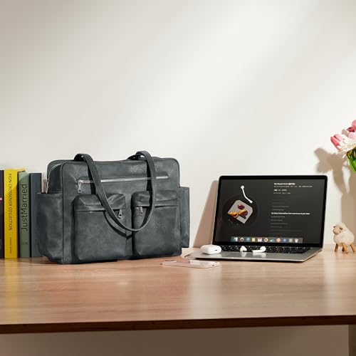 Image of KALIDI Tote Bag Vegan Leather Women Pocket Utility Bag Faux Leather Shoulder Travel Purse Vintage Handbag for Work
