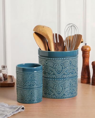 Image of FUN ELEMENTS Kitchen Utensil Holder, 7.2+5.5 inch Super Large Utensil Crock Heavy and Stable Lace Emboss Ceramic Utensil Holder for Kitchen Counter(2Pcs Grayish Blue)