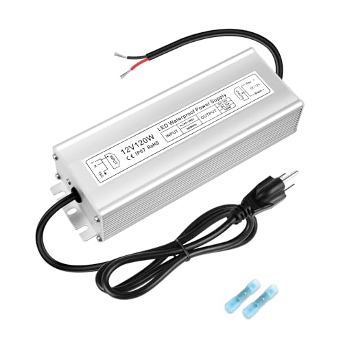 Image of LED Driver 120W 12V Power Supply, IP67 Waterproof Low Voltage Transformer, AC 80-265V to DC 12V 10A Converter for Outdoor Landscape Lighting and LED Strip Lights, 3-Prong Plug with 3.3FT Cable