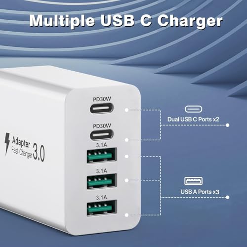 Image of 【2-Pack】 iPhone Fast USBC Charger, 80W USB C Wall Charger, Dual-30W Multiport Fast Charging Block, 5-Port Universal Plug Compatible with iPhone 17 /16 /15, Galaxy S25 /S24 /S23, iPad