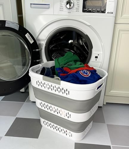 SAMMART 38L(10 Gal) Collapsible Laundry Basket - Foldable Pop-Up Storage Container/Organizer-Portable Space Saving Hamper, Measure 17.5x13.3x15.7/3.8" Expanded/Collapsed (1, White/Grey) - Image 3