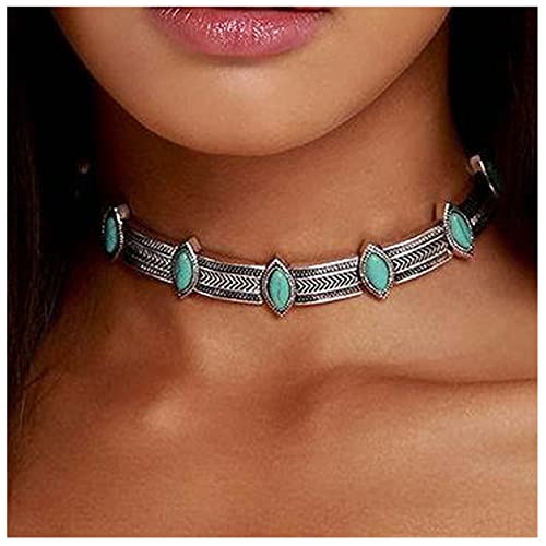 Boho Turquoise Choker Necklace Vintage Turquoise Necklaces Chunky Silver Chain Necklaces Thick Collarbone Necklace Gypsy Necklaces Chain Jewelry for Women Tribal Necklace2