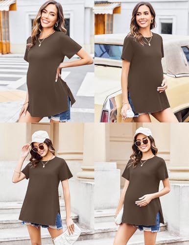 Ekouaer 3 Pack Maternity Shirts Short Sleeve Split Side Pregnancy Tops Casual Pregnant Tunic Blouse White/Black/Brown XL — view 2