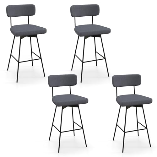 GIANTEX Swivel Bar Stools Set of 4, 29" Upholstered Bar Height Bar Chairs w/Padded Seat & Backrest, Footrest, Metal Frame, Modern Linen Fabric Barstools for Dining Room, Kitchen Island, Grey