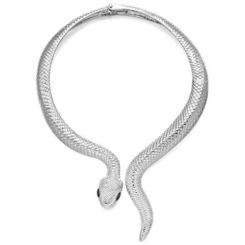 Wellotus Women's Curved Alloy Cuff Snake Choker Necklace Costume Statement Snake Shape Collar Necklace Hip Hop Crystal Cocktail Snake Jewelry (Silver Necklace) Cover