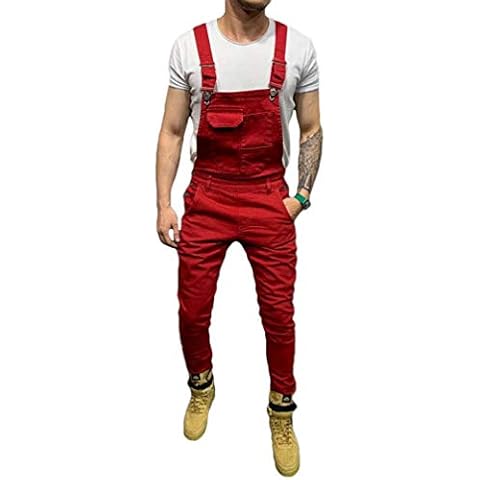 Men Dungarees Jumpsuits Denim Trousers Moto Biker Jeans Casual Retro Combat Cargo Bib Overalls (S, Red) Cover