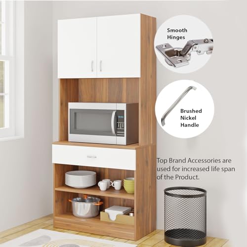 Image of VIKI Furniture | Kitchen Cabinet - Drawer with Doors & Open Shelves, Organizer for Kitchen, Bedroom, Hallway & Living Room (Brussel Walnut & Frosty White - 40D x 80W x 180H cm) | 1 Year Warranty