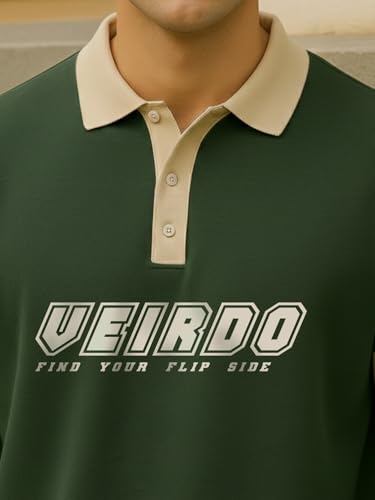 Image of Veirdo Men's Loopknit Cotton Oversized Baggy Fit | Full Sleeve Polo T-Shirt | Casual Streetwear with Ribbed Cuffs Travel | Sizes: S to XXL