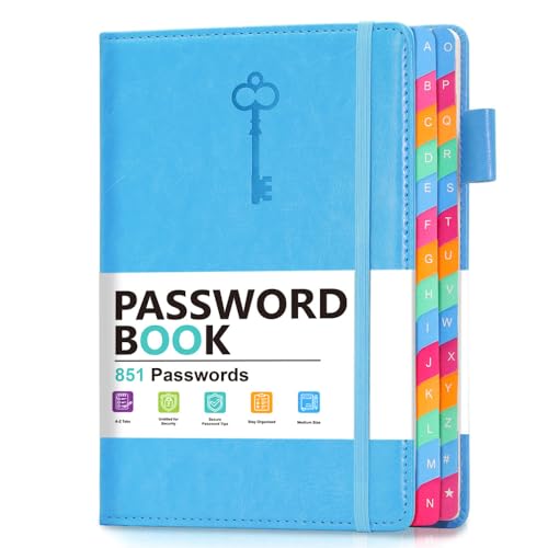 hi!SCI Password Keeper Book with Colorful Alphabetical Tabs, Hardcover Password Log-Book for Internet Password and Website Address, 5.8"×8.4" Password Notebook for Home Office (Blue)