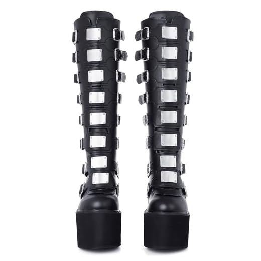 CELNEPHO Womens Chunky Platform Knee High Boots High Heel Round-Toe Zip Punk Goth Mid Calf Combat Boots For Women