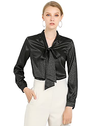 Allegra K Women's Tie Bow Neck Long Sleeve Printed Satin Office Blouse Tops X-Small Black