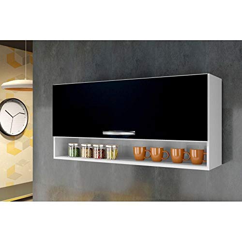 Armário Aéreo de Cozinha 1 Porta Basculante e Nicho Arte Móveis Branco/Preto