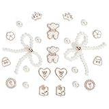 Eooberr 24Pcs Bling White Pearl Bow Shoe Charms for Clog Sandals Women, Bear, Flower, Pearl Accessories, DIY Shoe Decoration Charms for Girls