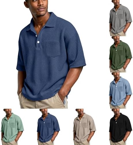 Waffle Polo Shirts for Men Oversized Quarter Button Down Short Sleeve Shirt Moisture Wicking Pocket Golf T Shirts