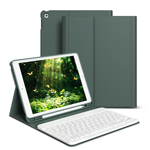 GKABXY hülle mit Tastatur für iPad 9/8/7 Generation (2021/2020/2019) 10 2 Zoll weiche TPU-Rückseite mit Stifthalter QWERTZ Layout magnetische abnehmbare Bluetooth Tastatur Nachtgrün