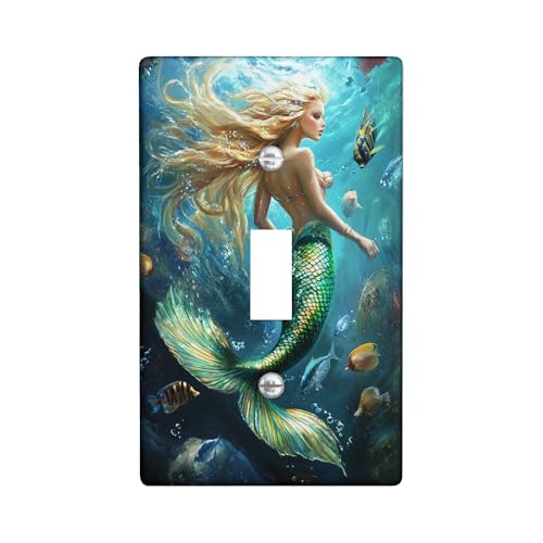 Mermaid Light Switch Cover Plate/Outlet Covers, Ocean Blue Underwater Decor, Summer Theme, Fantasy Style, Bathroom and Bedroom Use, Thermoplastic Plates Single Toggle