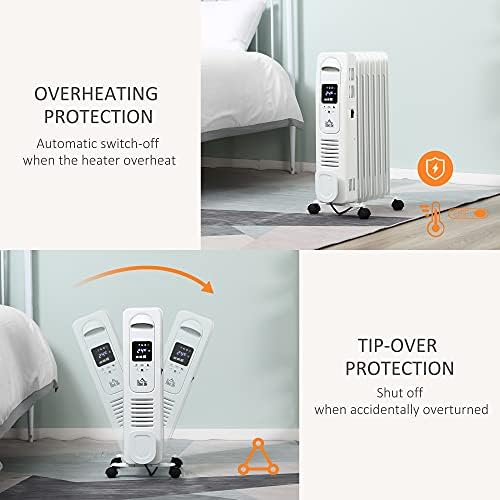 HOMCOM 1630W Digital Oil Filled Radiator, 7 Fin, Portable Electric Heater with LED Display, Built-in Timer, 3 Heat Settings, Safety Cut-Off and Remote Control, White