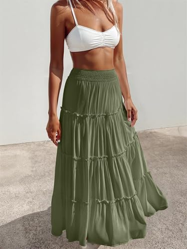 Women's Summer Floral Maxi A-Line Boho Skirt Tiered Long Skirts, Smocked High Wasited Flowy Tiered Ruffle Beach Skirt3