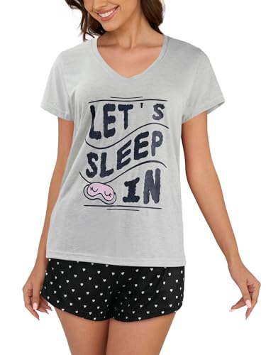 Image of VENTELAN Pajama Set For Women Cute PJS Summer Short Sleeve Shorts Sleepwear