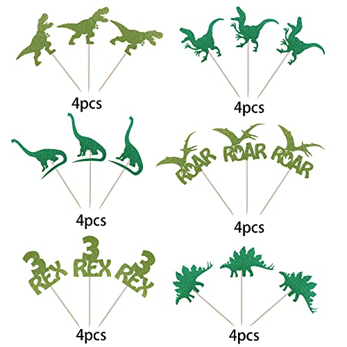 24 Pack Dinosaur Cupcake Toppers Glitter 3 Rex Roar Dinosaur Cupcake Picks Three Years Old Dino Theme Baby Shower Third Birthday Party Cake Decorations Supplies Green #TOP2