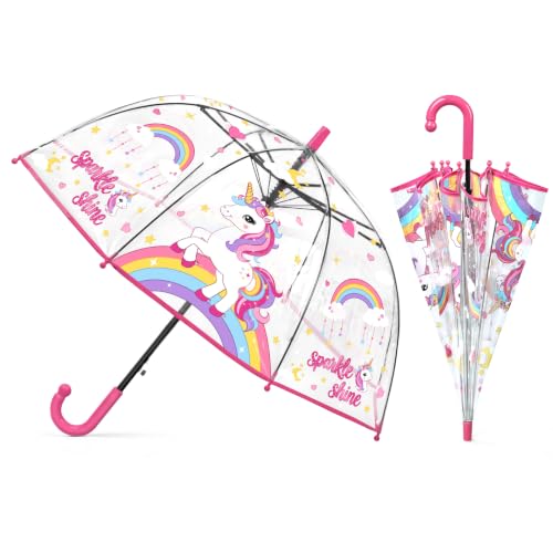 Image of Decalsweet Kids Clear Bubble Umbrella Rainbow Dome, Opening Stick Umbrella