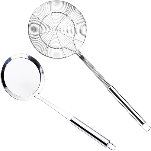 Schaumkelle Edelstahl,Spinnen Sieb,Feines Sieb Schaumlöffel,Spinnensieb Skimmerkelle,Schaum Löffel Filter Set,Geeignet zum Kochen,Braten,Dünsten...