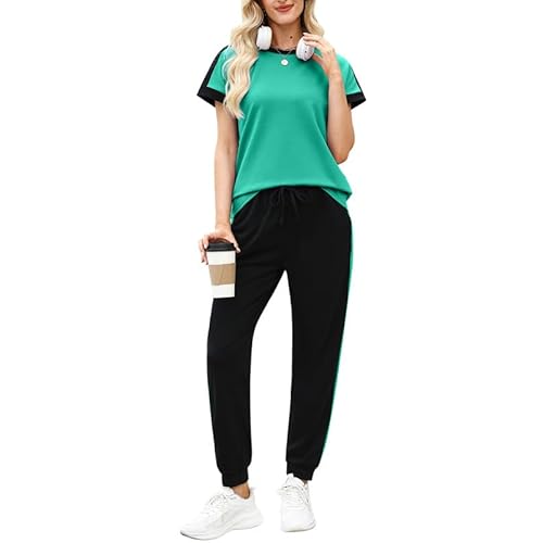 Marvmys Women's 2 Piece Outfits 2026 Summer Short Sleeve Color Block Tracksuit Sets Jogger Lounge Set for Travel