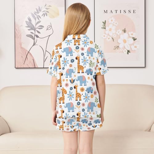 ALAZA Giraffe Elephant Bird Flower Pajamas Satin Pajama Set Short Sleeve Button Down Sleepwear4