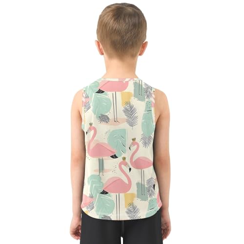Bolaz Boys Athletic Quick Dry Tank Top Sleeveless Workout T Shirts Age 11-15,Pink Flamingo Monstera Deliciosa Pattern3
