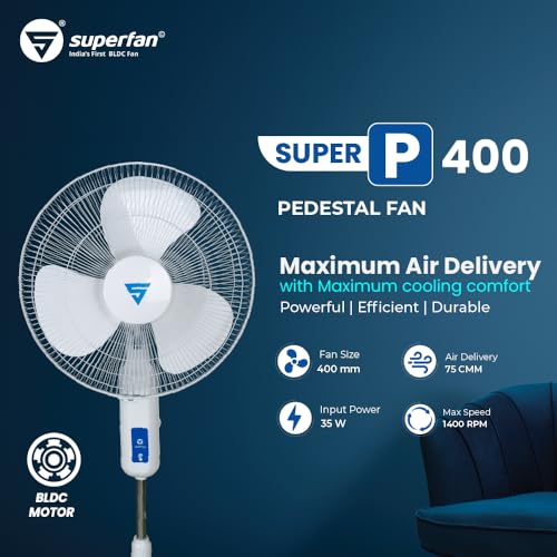 Image of Superfan Super P 400mm BLDC Pedestal Fan for Home| India's 1'st BLDC fan| BLDC Stand Fan | Remote with Oscillation, Timer and Fine Speed Control | 5 Year Warranty (White)
