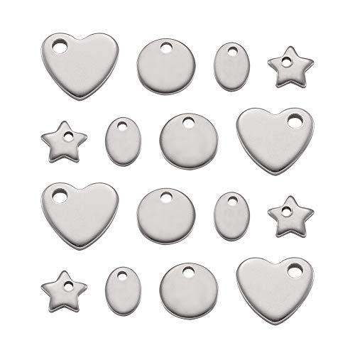 Pandahall 20pcs 304 Stainless Steel Mixed Shape Blank Tag Pendants for DIY Jewelry Making Round/Oval/Heart/Star Tiny Charms Hypoallergenic Bracelets Dangle Beads Accessories Finding Supplies