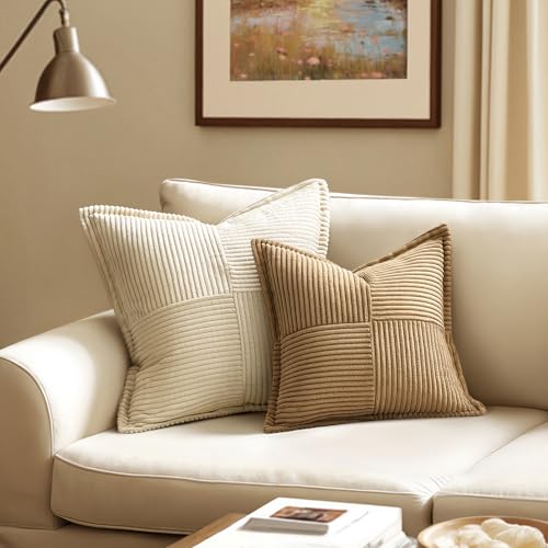 Image of MIULEE Decorative Throw Pillow Covers for Couch Bed Livingroom 18x18 Inch Set of 2 Brown Boho Accent Throw Pllows Broadside Striped Patchwork Soft Corduroy Pillowcases