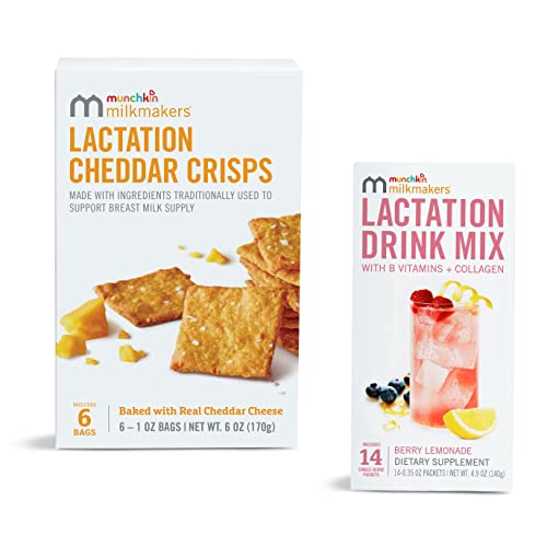 Image of Munchkin® Milkmakers® Lactation Drink Mix Supplement with B Vitamin & Milk Thistle, 14 Count and Lactation Cheddar Crisps for Breastfeeding Moms with Oats and Flax, 6 Count