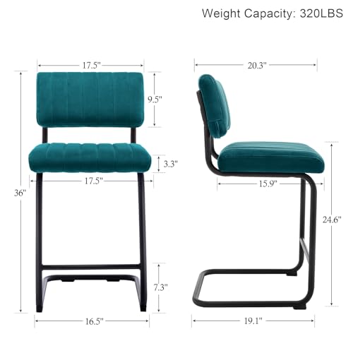 Image of ONEVOG 24 Inch Teal Counter Bar Stools Set of 2, Mid-Century Modern Counter Height Cantilever Bar Chairs for Kitchen Island, Upholstered Velvet Fabric Barstools with Back & Matte Black Metal Leg, Teal