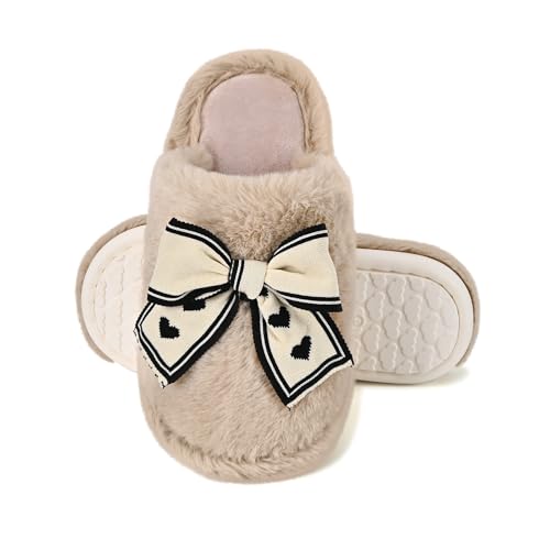 Fuzzy Knitted Bow Slippers for Women, Winter Bedroom Warm Fur Lined Slippers with Anti-Skid Sole, Cozy House Home Slip-On Shoes