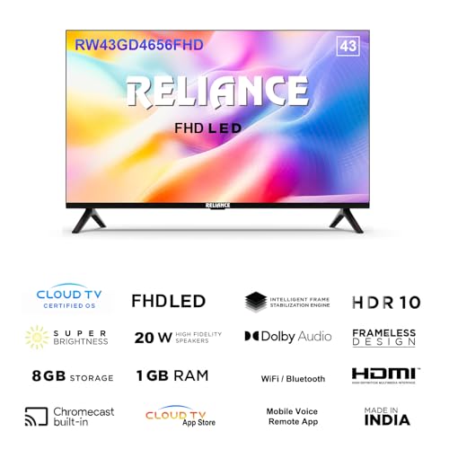 Image of Reliance 43 inch Full HD Smart Cloud LED TV | 250+ Live Channels, 10,000+ Free Movies, Mobile Remote | RW43GD4656FHD (Black)