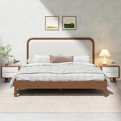 Merax Queen Size Acacia Wood Bed Frame with Beige Polyester