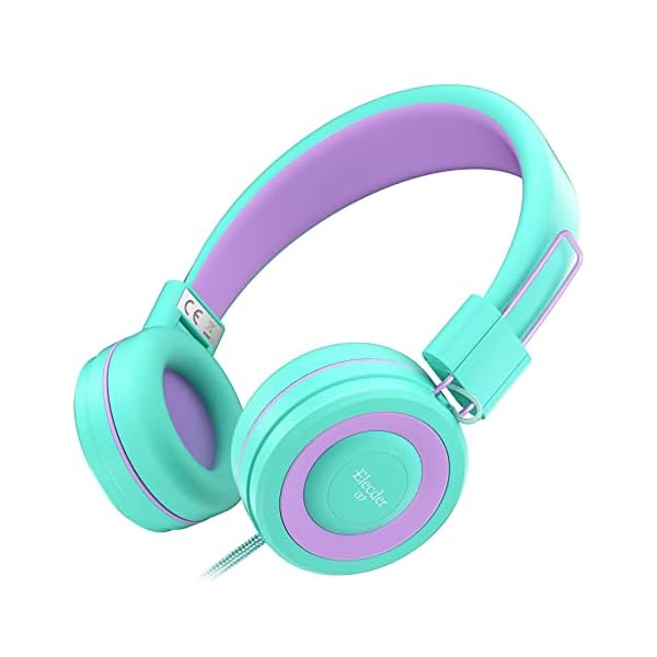 ELECDER i37 Kids Headphones Children Girls Boys Teens Foldable Adjustable On Ear Headphones 3.5mm Jack Compatible Cellphones Computer MP3/4 Kindle School Tablet Green/Purple
