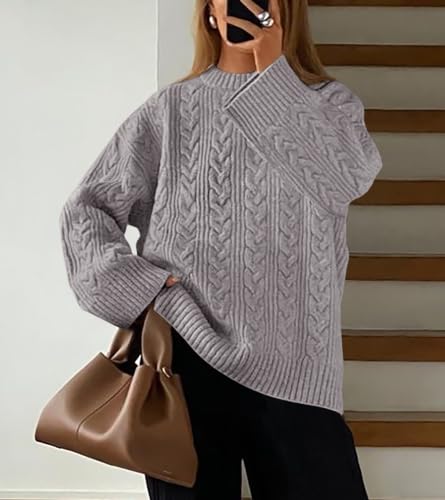 Okiwam Women's Oversized Sweaters Crewneck Cable Knit Pullover Casual Loose Fall Outfits Spring Fashion Clothes 2026-S Light Grey — view 6