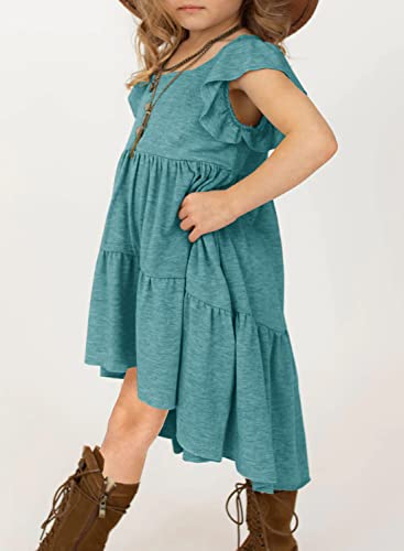Hosika Girls Summer Dress Ruffle Sleeve Button Down Pleated Tiered Swing Casual Dresses With Pockets For 6-12 Years Teal Small #TOP3