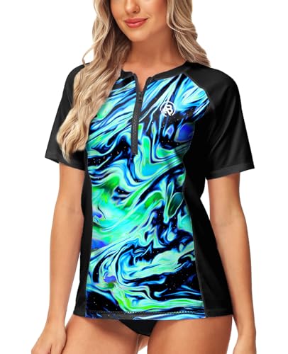 Image of AOBUTE Women Zip Rash Guard UPF 50+ Gradient Short Sleeve Swim Top Surf Shirts