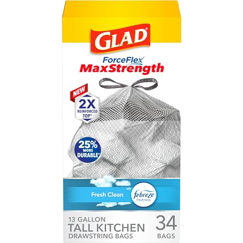 Glad ForceFlex MaxStrength Tall Kitchen Trash Bags, 13 Gal, Fresh Clean, 34 Ct (Package May Vary)