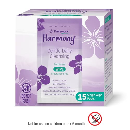 Image of Theraworx Harmony Gentle Daily Cleansing Feminine Wipes Fragrance Free, Reduces Odor, Individually Wrapped, Travel Size - 15 Count (Pack of 2)
