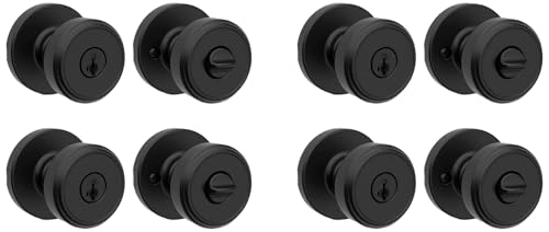 Image of Kwikset Maven Entry Door Knob with Lock and Key, Secure Keyed Handle Exterior, Front Entrance and Bedroom, Matte Black, Pick Resistant SmartKey Rekey Security and Microban (Pack of 4)