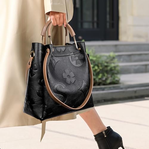 Women's Top Handle Handbags Leather Tote Bag for Women Trendy Bucket Bag Floral Embossed Shoulder Satchel Purses3