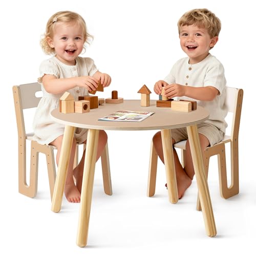 ROBOTIME Wooden Kids Table and Chairs Adjustable Height Toddler Table and Chair Set Round Kids Desk and Chair Set for Ages 3+ Sturdy Design Easy to Clean Perfect for Study Playroom & Mealtime